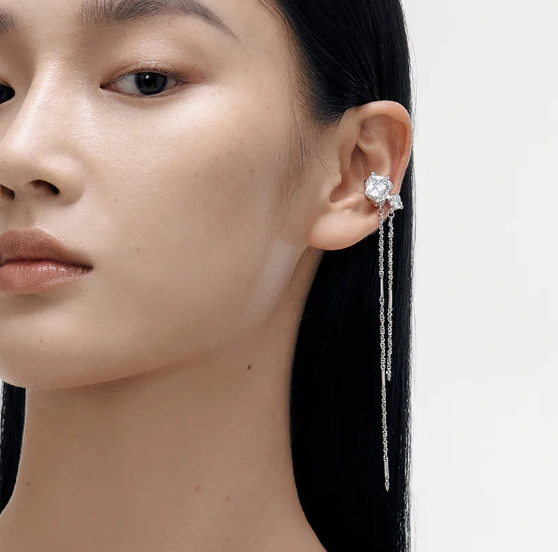 2022 new Copper Plated Platinum asymmetric tassel Earbone Clip zircon Earrings for women Fashion Jewelry (5pcs of free shpping)