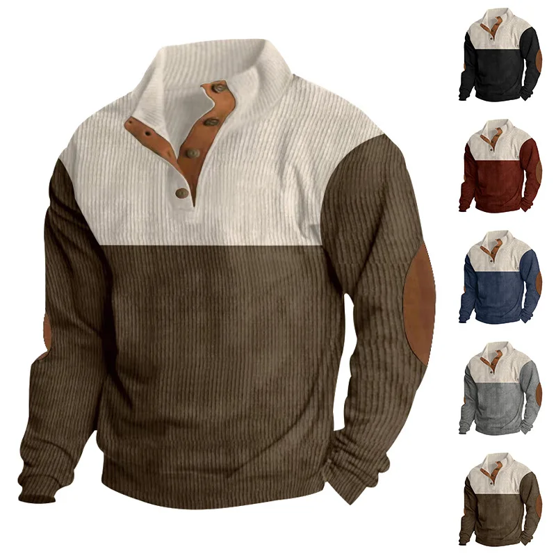 

2023 Euro-code Men's Outdoor Leisure Button Stand Collar Loose Corduroy Color Matching Sports Sweater Trend in Autumn and Winter