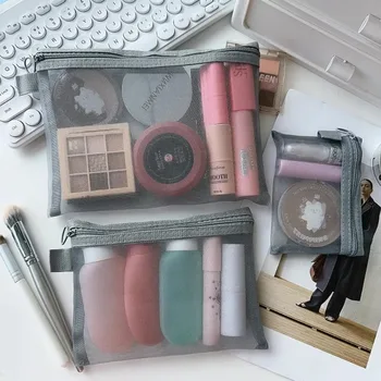 1/3pcs Transparent Mesh Zipper Cosmetic Bag Women Necessary Organizer Fashion Small Large Grey Toiletry Bags Makeup Pouch Case 1