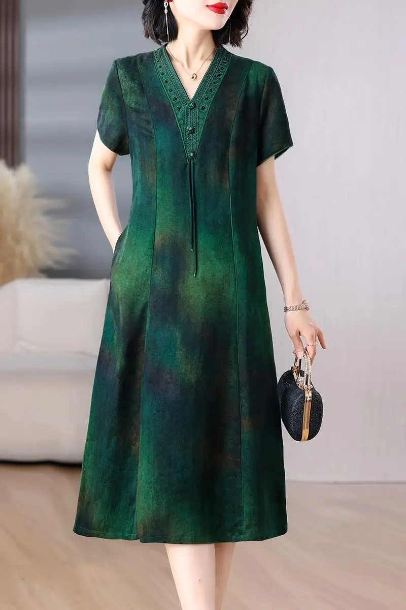 Women Green Jacquard Silk Dress Summer New Short Sleeve Elegant Luxury  Evening Dress 2025 Korean Vintage Festival Dresses - AliExpress 200000345