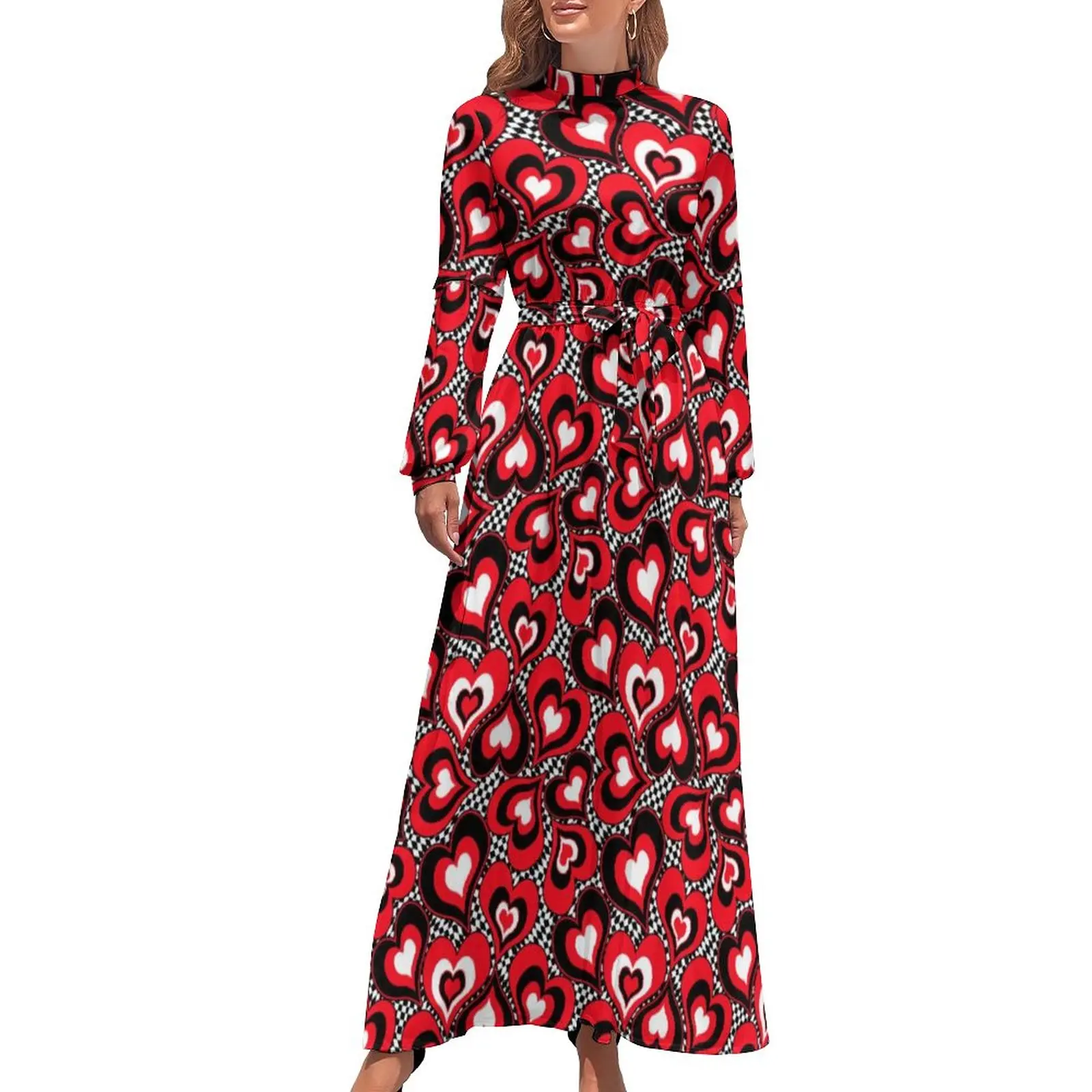 

Love Heart Dress High Neck Red White Holiday Design Printed Boho Beach Dresses Long-Sleeve Fashion Long Maxi Dress Sexy Vestido