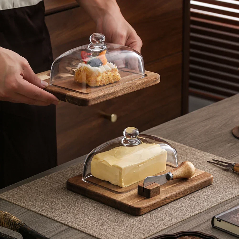 Retro Wooden Butter Box with Knife and Fork Clear Glass Lid Storage Boxs Cheese Butter Cheesecake Dessert Plate Storage Tray