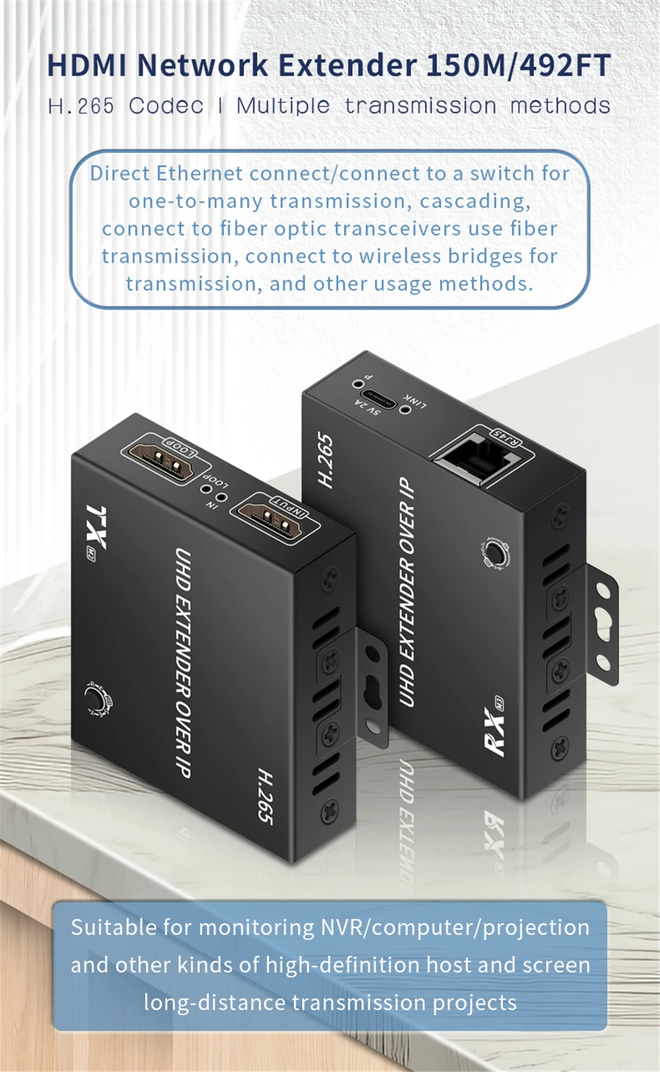 150M H.265 HDMI IP Extender Via RJ45 Ethernet Network Cat5e Cat6 Cable Multi Tra