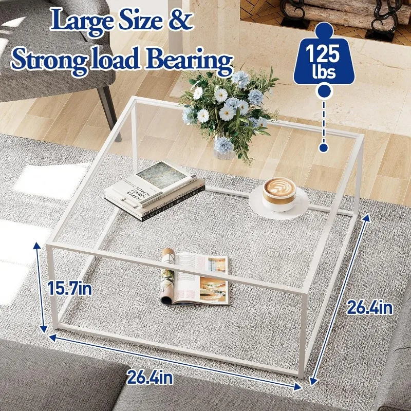 Glass Coffee Table Square Coffee Table for Small Space,Tempered Glass-top with Sturdy Metal Frame,Easy Assembly 2