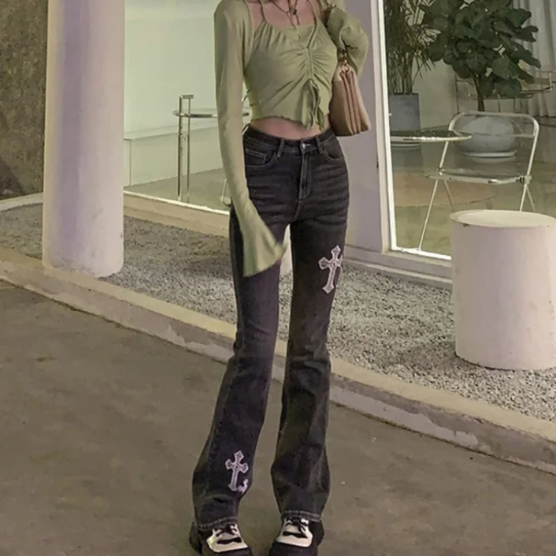 Harajuku Gothic High Waist Chic Denim Pants Women Streetwear Y2k Cross Embroidery Slim Flare Pants Female Vintage Jeans Trousers