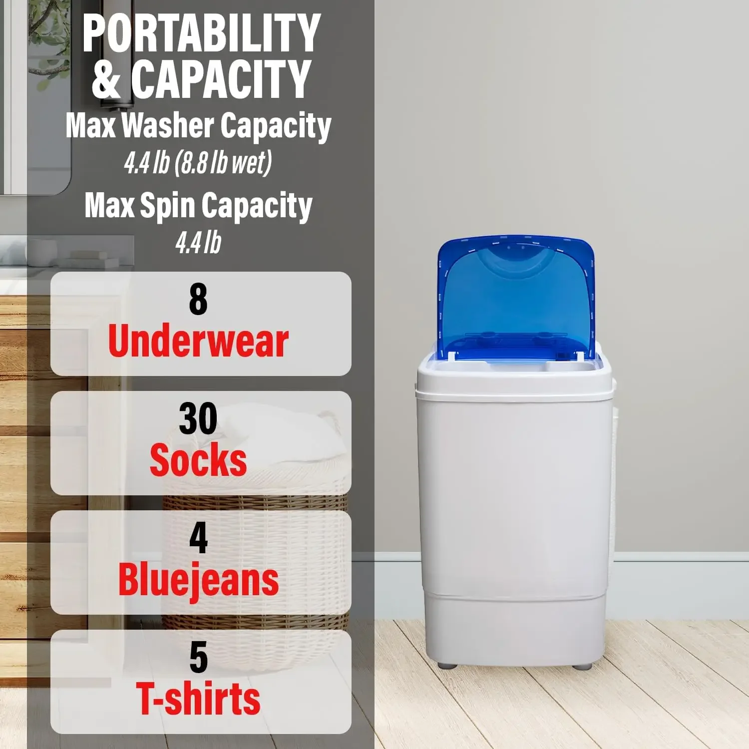 Home Portable Washing Machine for Apartments, Dorms, and Tiny Homes with 8.8 lb Capacity, 250W Power, Wash and Low Agitatio 4