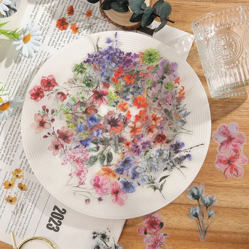 50pcs Flower Sticker Transparent Ink Flower Sticker Waterproof Stickers Set for Journaling Clear Decals