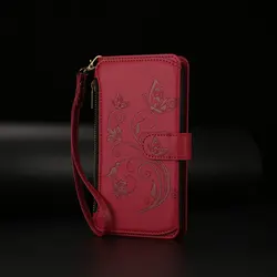 Edmboss Floral Zipper Leather Wallet Case - Elegant Design for Camon 40 Pro 4G (Red - Short Strap)