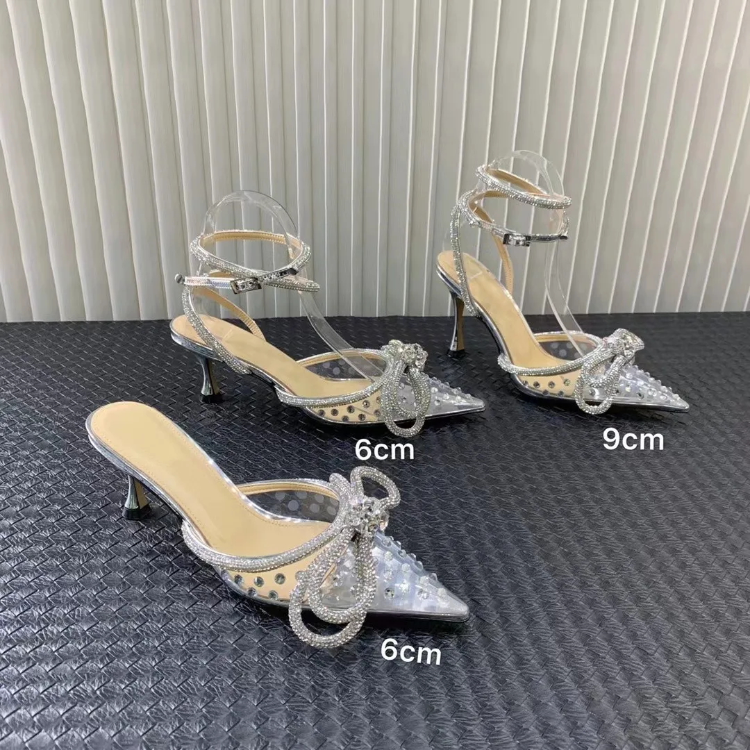 

Mach Diamond of Elizabeth Hot Fix PVC High-Heel Pumps plexiglass Diamond pearls crystals pointed toe Ankle buckle strap shoes