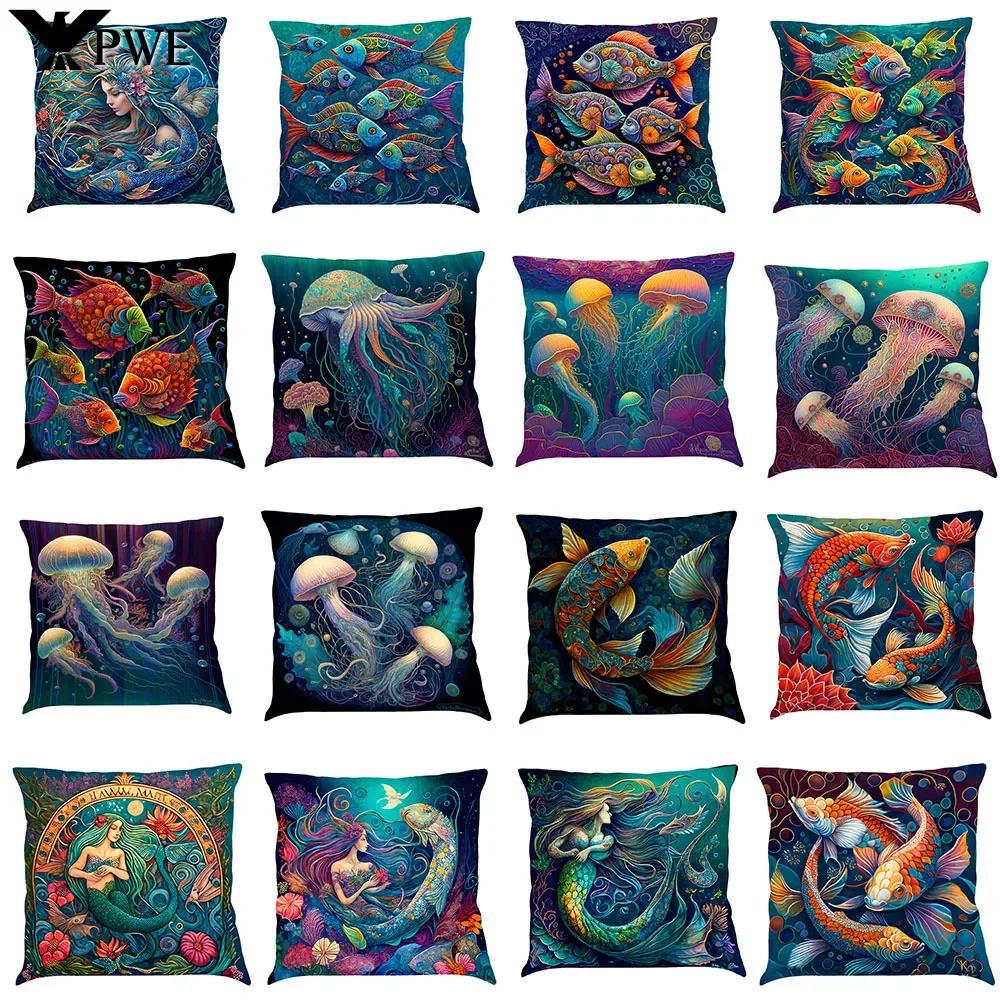 

45x45cm Fish Turtle Ocean Sea Pattern Polyester Throw Pillow Cushion Cover Car Home Decoration Bed Decorative Pillowcase