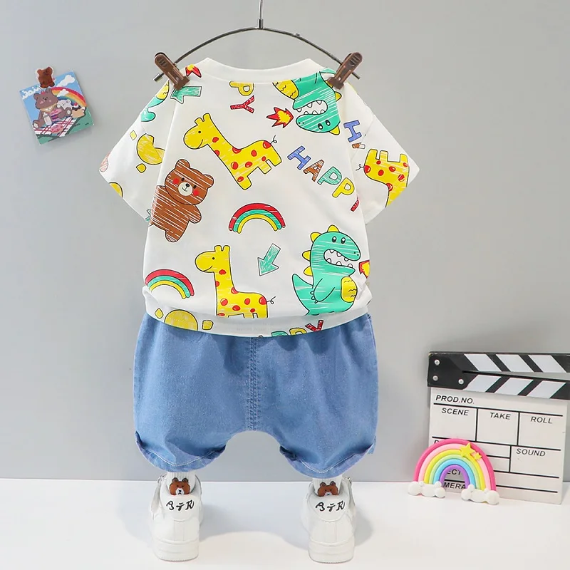 baby clothing set essentials Children's summer suit new children's short sleeved top + denim shorts two-piece boys and girls giraffe printed T-shirt baby girl cotton clothing set