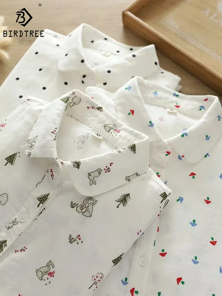 Women Summer Flower Turn Down Collar 100 Cotton Shirt main image 1