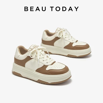 BEAUTODAY 여성용 캐주얼 스니커즈, 정품 가죽, 혼합 색상, 라운드 토 레이스업, 두꺼운 밑창, 2023 숙녀 신발, 수제 29719