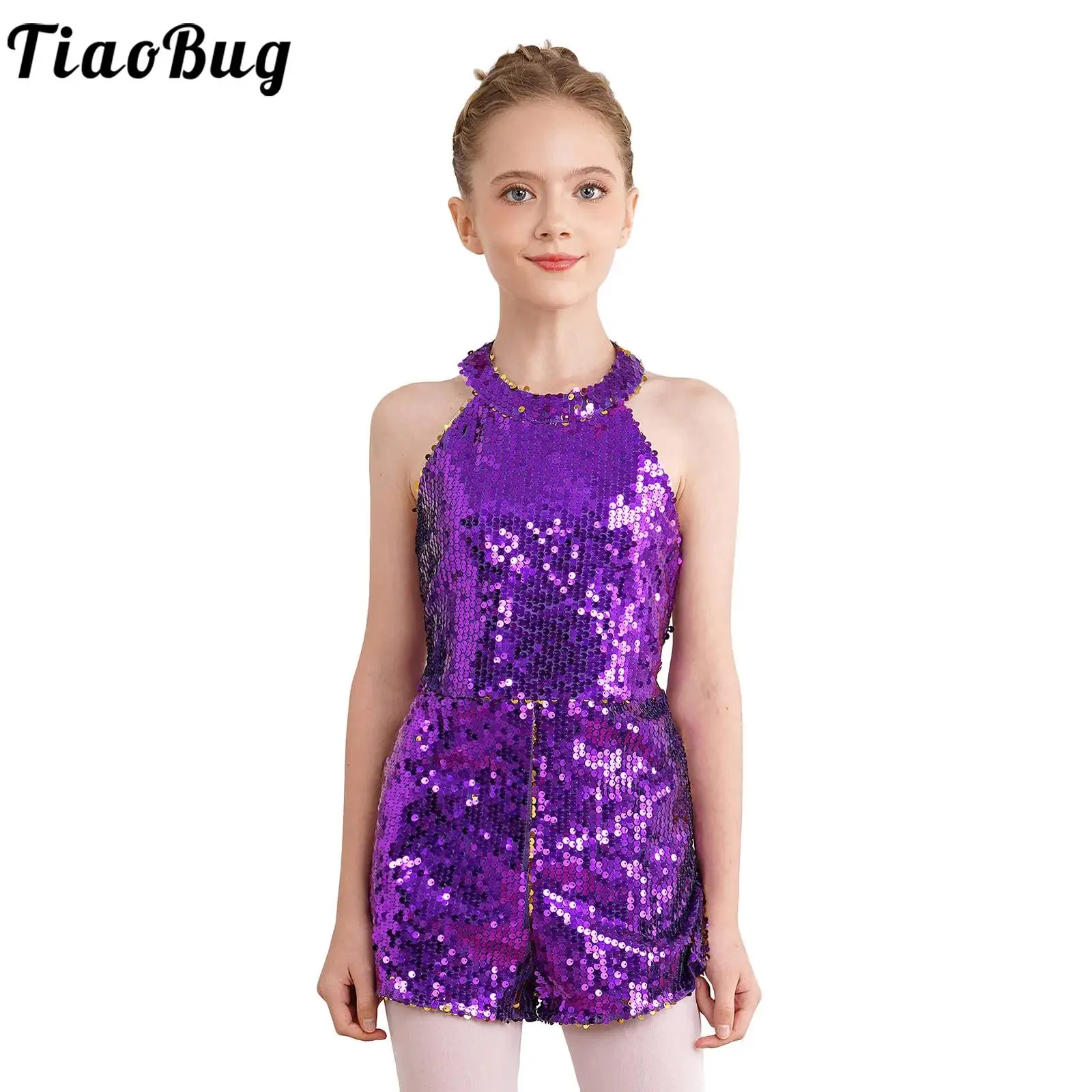 

Kids Girls Jazz Dance Ballet Gymnastics Jumpsuit Shiny Sequins Halter Bodysuit Wedding Birthday Party Stage Performance Costume