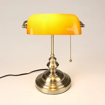Bankers Desk Lamp with Pull Chain Switch, Amber Glass Shade Desk Lamps, Bronze Base,Vintage Library Lamp 1