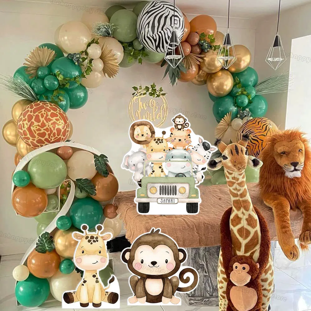 6Pcs Jungle Animals Cutouts KT board Safari Birthday Party Backdrop Monkey Lion Zebra Wild One Birthday Baby Shower Party Decor