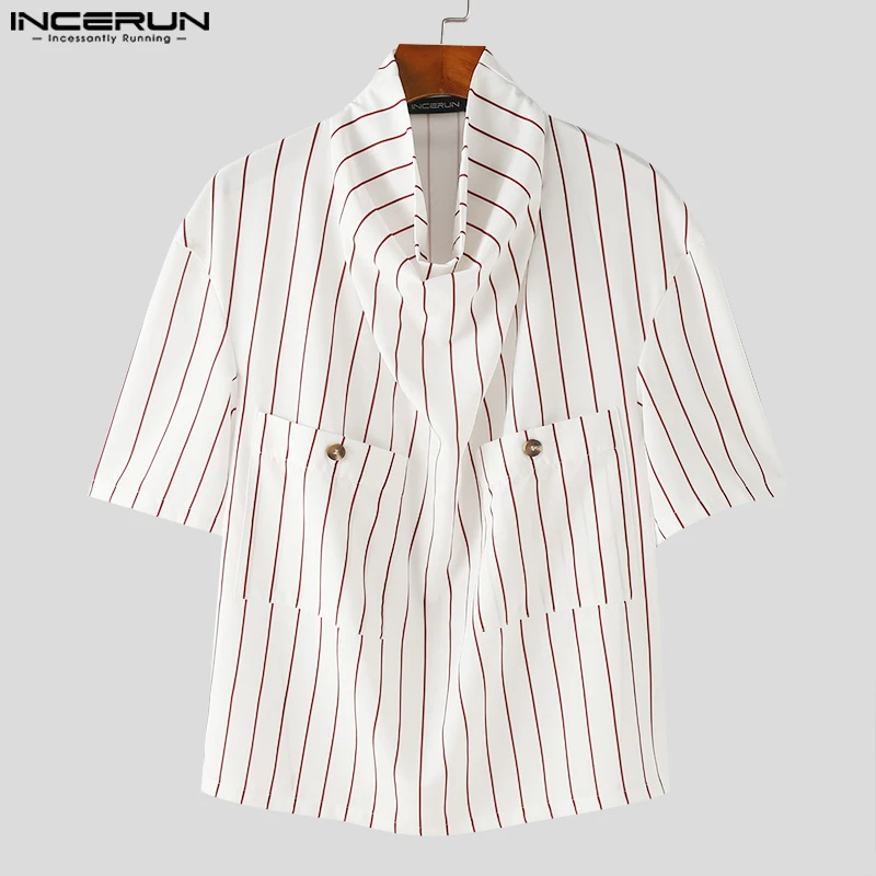 INCERUN 남성용 반팔 셔츠, 패셔너블하고 잘 어울리는 상의, 파일업 칼라, 스트라이프 셔츠, 캐쥬얼 개성 있는 남성 셔츠, S-5XL 2024