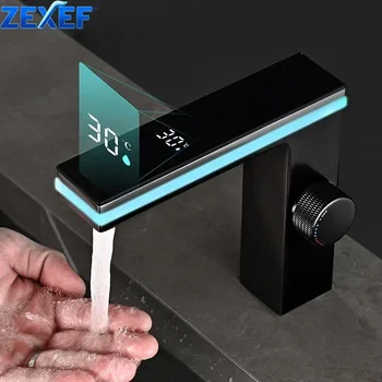 ดิจิตอลจอแสดงผลห้องน้ําสีดําก๊อกน้ําเซนเซอร์อ่างล้างหน้าแตะ LED ทองเหลืองอ่างล้างจานเครนร้อนเย็นเครื่องมืออัจฉริยะ 1