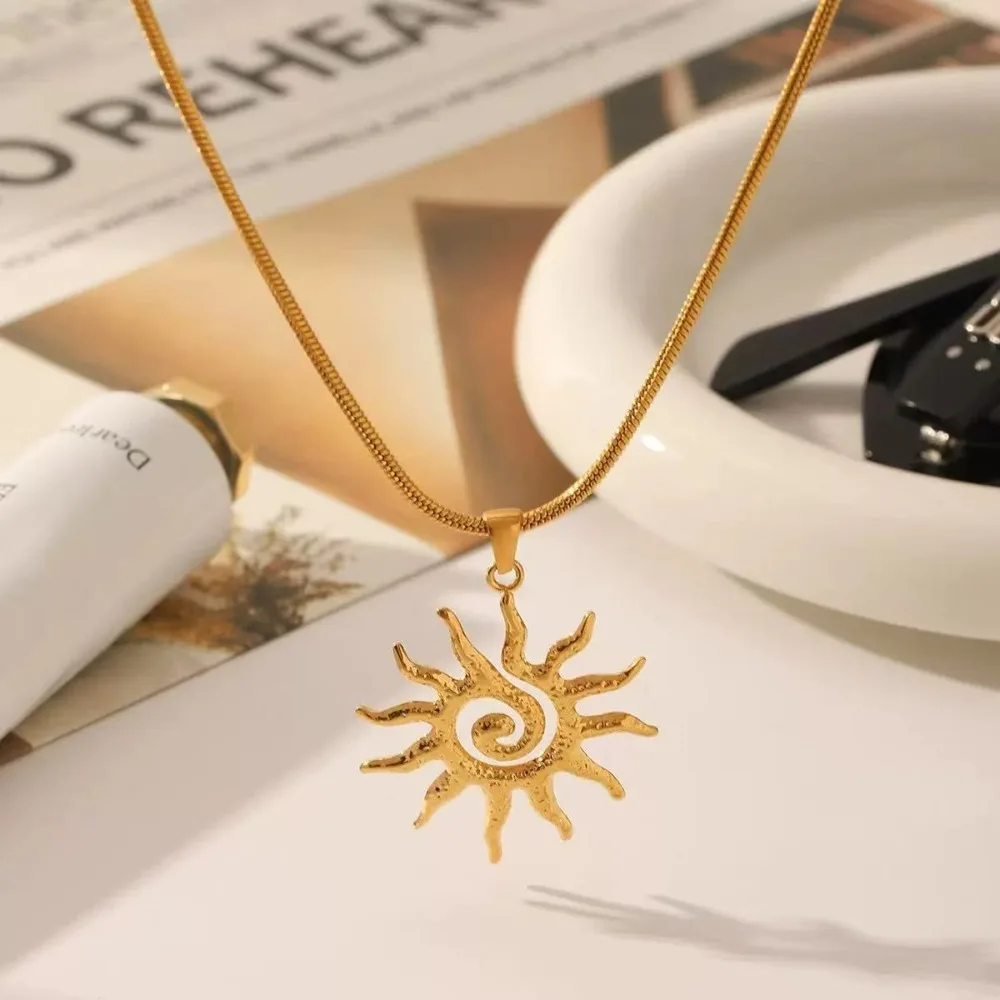 Stainless Steel Sun Pendant Necklace Gold Color Elegant Stainless Steel Necklace Waterproof Vintage Chic Sweater Chain