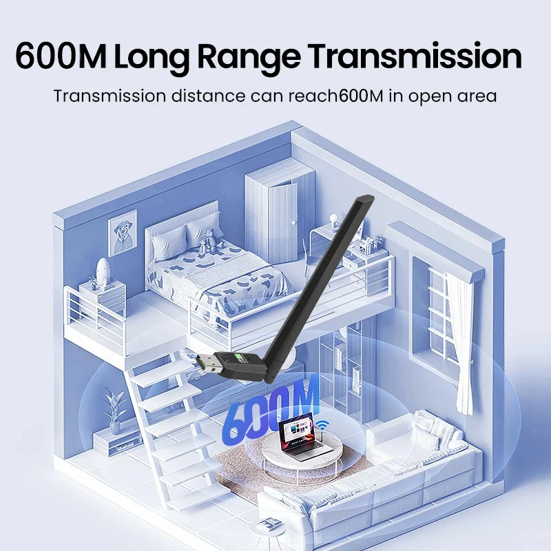 600Mbps WiFi USB 어댑터 듀얼 밴드 2.4G/5Ghz Wi-Fi 동글 802.11AC USB2.0 Win7/8/8.1/10/11용 고속 무선 카드 수신기