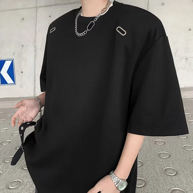 Summer Solid Color Strap Design T-shirts For Men Hip Hop Streetwear Short Sleeve Tee Shirt 2025 New Casual Oversized Cargo Tops 2