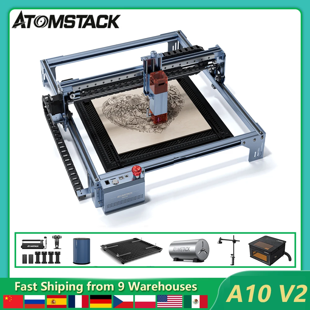 Atomstack A10 V2 Laser Engraver 3D Printer 10-12W High Speed Engraving  Cutting Machine Fixed-Focus Ultra-thin Laser 400x400mm