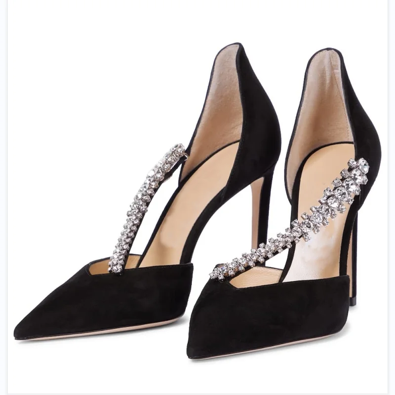 

2022 New Women Shoe Cystal Embellished Suede Pumps Pointed Toe Stiletto High Heels Cover Heel Black Elegant Party Shoe Fashion