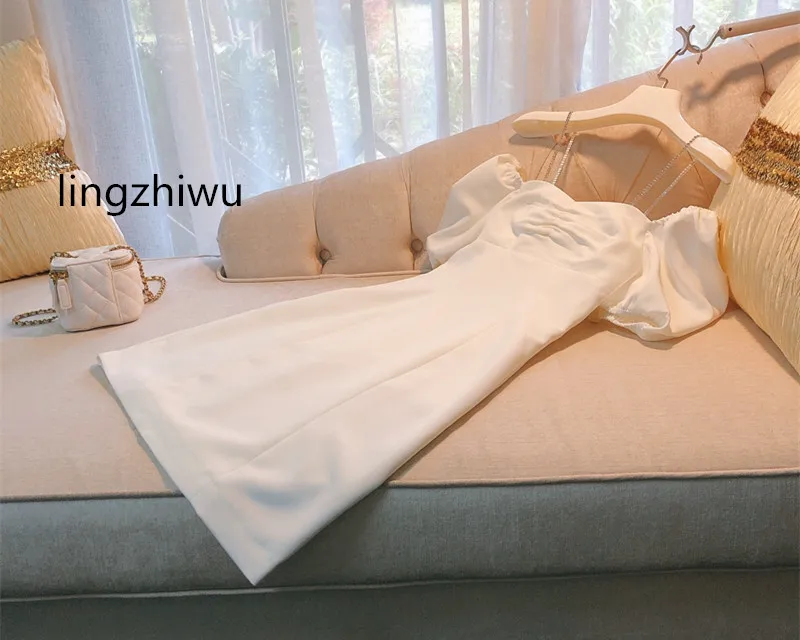 

Белое платье lingzhiwu с вырезом лодочкой и открытыми плечами, официальное платье высшего качества на бретелях-спагетти, новое поступление
