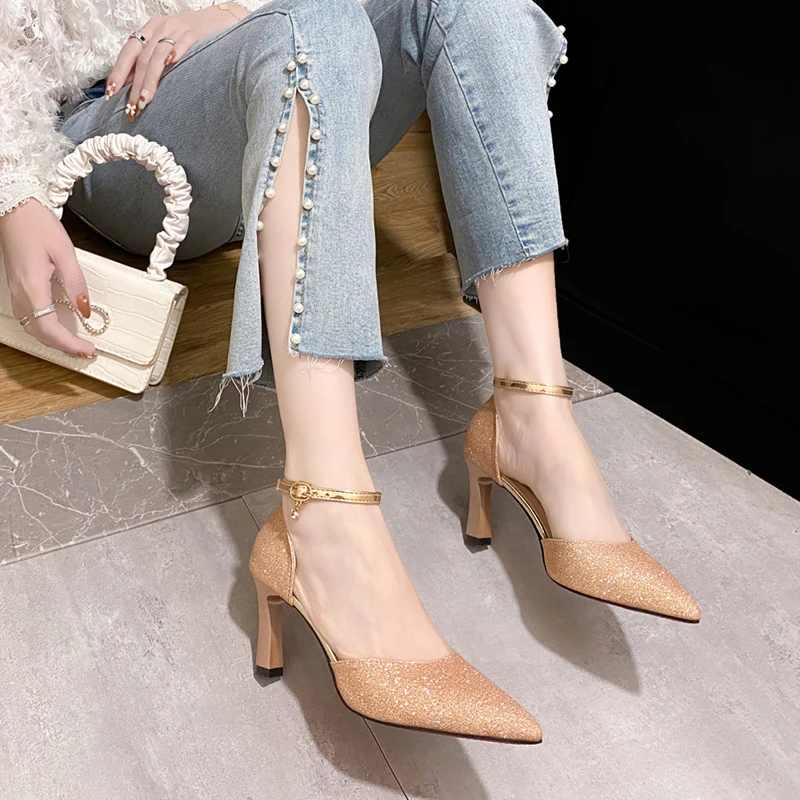 Bling Gold Silver Women Pumps - Heel Detail
