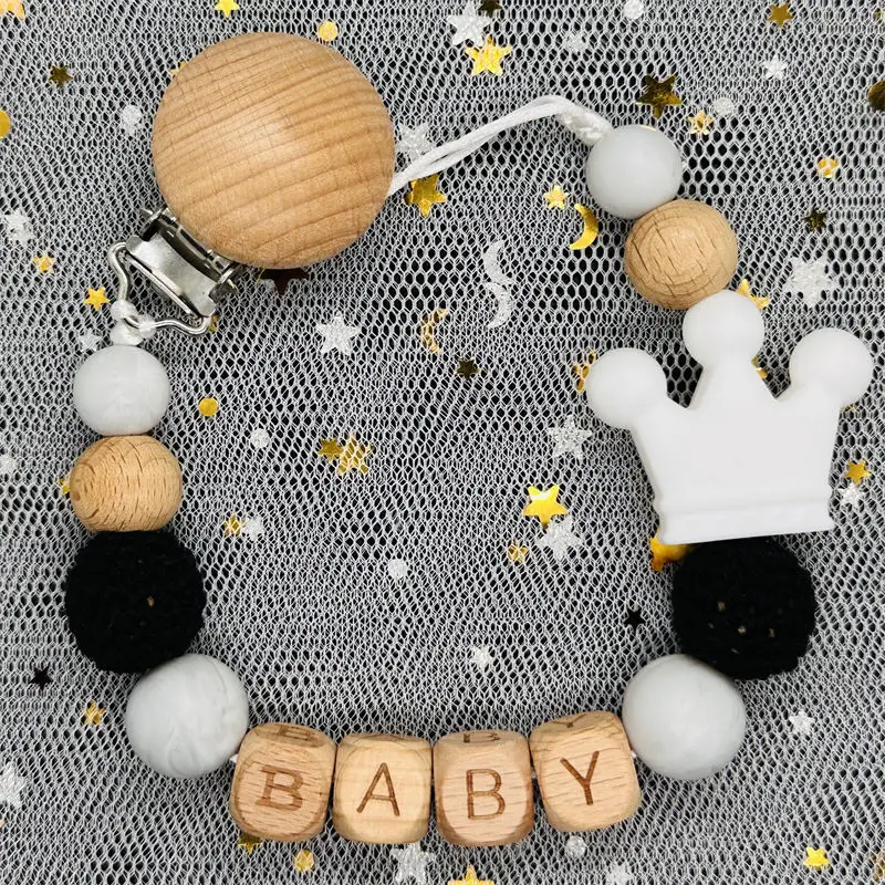 Name Personalise Beech Baby Boy Girl Pacifier Clips Holder Chain Chew Silicone Crown Infant Newborn Teether Teething Gift pacifier clip pacifier chain pacifier accessories teether clip baby silicone accessories