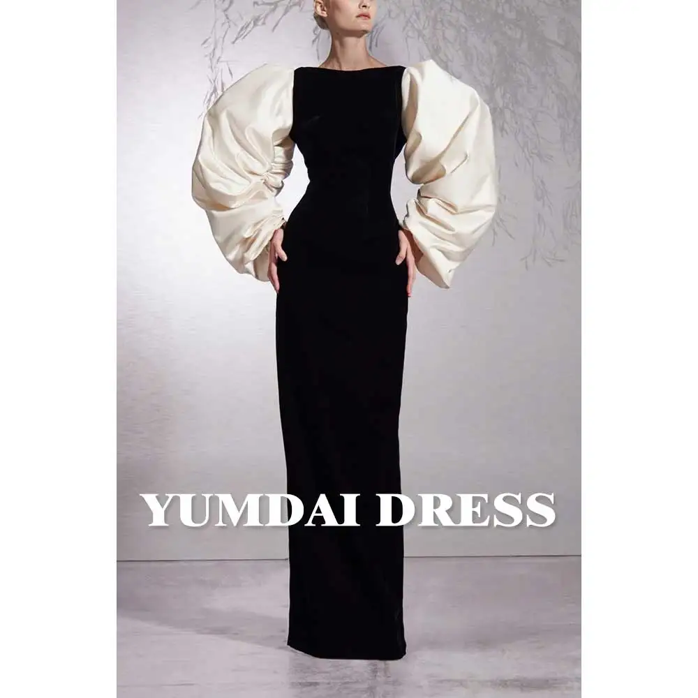 

YUMDAI Elegant Women's Black Crepe Mermaid Evening Dress 2024 Formal Wedding Party Dress Beige Lantern Sleeve Backless Dress