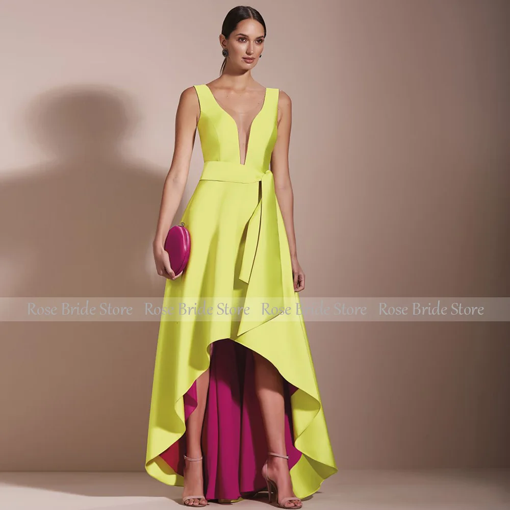 Women Party Dresses Formal Party Dress For Women Deep V Neck A Line Asymmetrical Evening Long Sleeveless High-Low Color Contrast Gowns