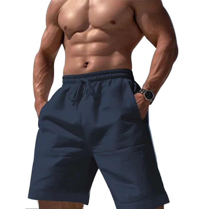 Men\'s New Fashion Casual Sport Pants Elastic Waist Cotton and Linen Solid Color Short Trousers