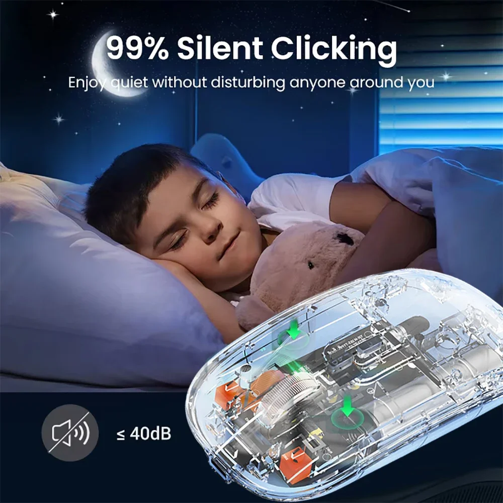 Tri-Mode Mouse Dual Bluetooth 5.0 Mouse 2.4G Wireless Mouse Transparent Mouse 2400DPI Silent Mouse 500mAh Rechargeable Mice