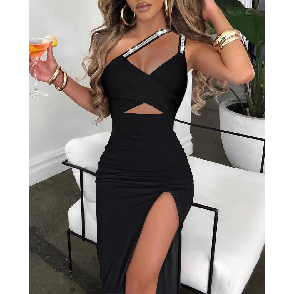 2024 Summer Women Cut Out Black Dress Sexy Lady Rhinestone Decor Spaghetti Strap High Slit Party Dress Casual Streetwear