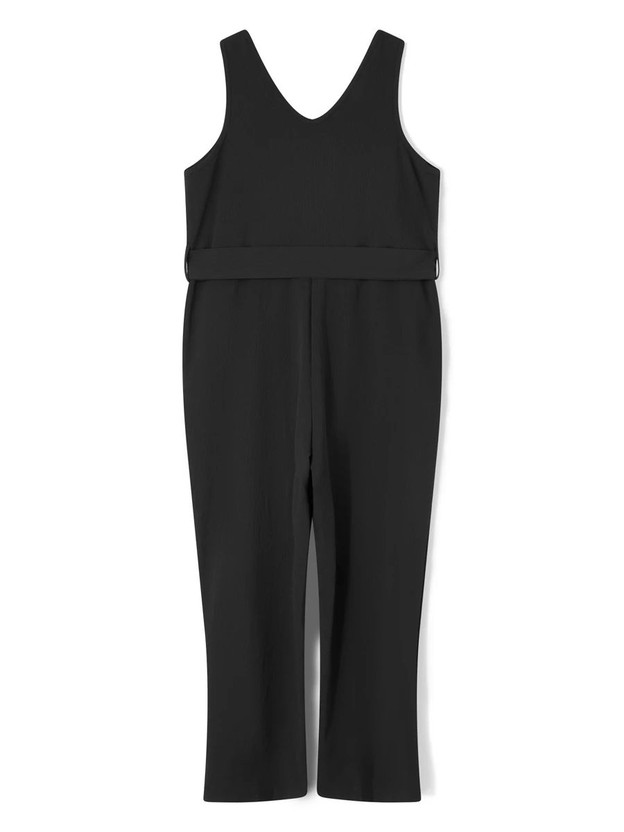 Women s Sleeveless V Neck Buttons Waist Belt Straight Wide Leg Cropped Jumpsuits Rompers With Pockets