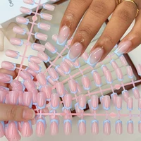 120 faux ongles courts carrés blancs style French, rose nude, forme cercueil, brillants, à presser, couvrance totale, prêts à poser # 4