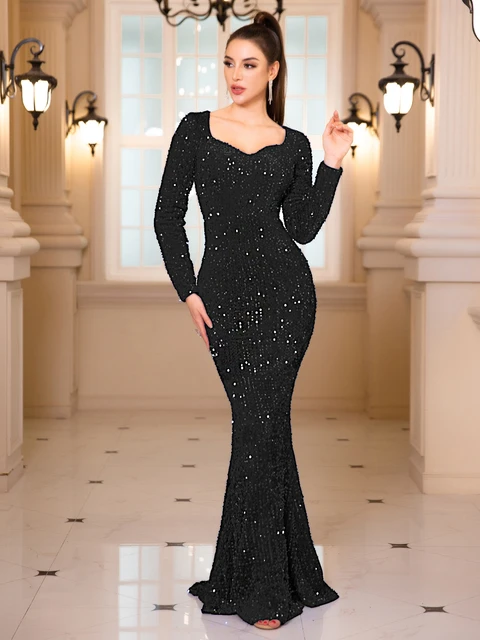 Lüks siyah uzun kollu abiye elbise pullu sıkı kadife V boyun Mermaid balo  kat uzunluk elbise bordo 2023 kış elbiseler - AliExpress