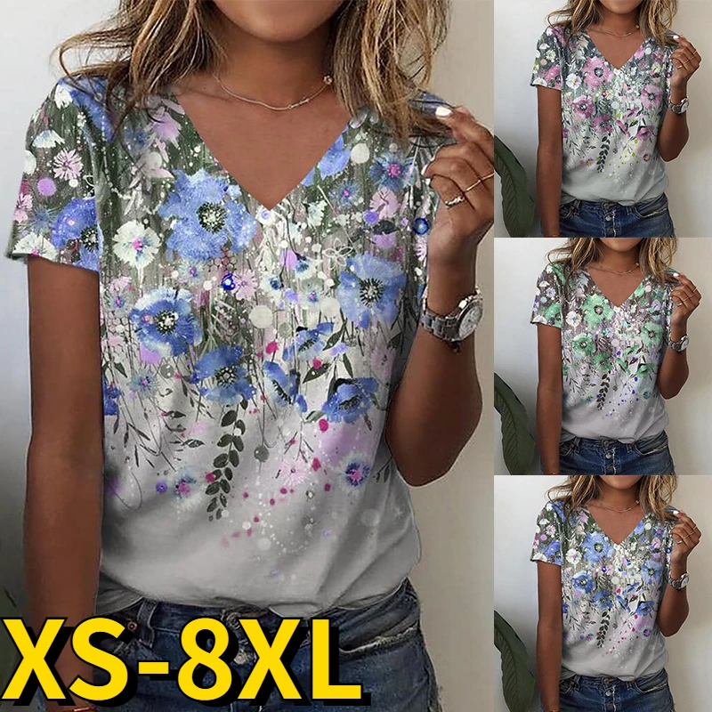 

Женская футболка с коротким рукавом, повседневный топ с V-образным вырезом и принтом, лето 2023