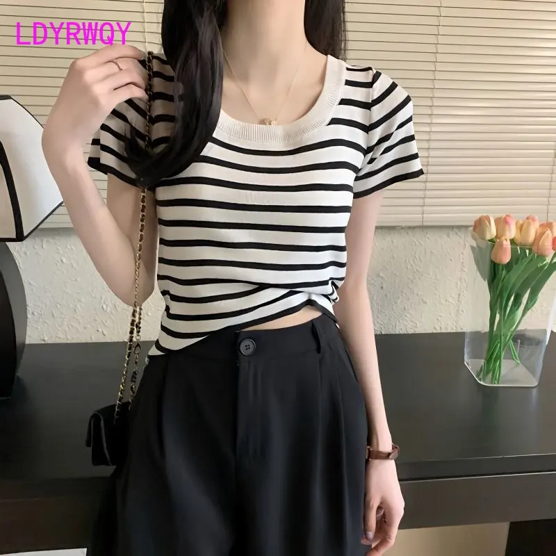 

Ice silk knitted short sleeve T-shirt summer striped shoulder slim short top
