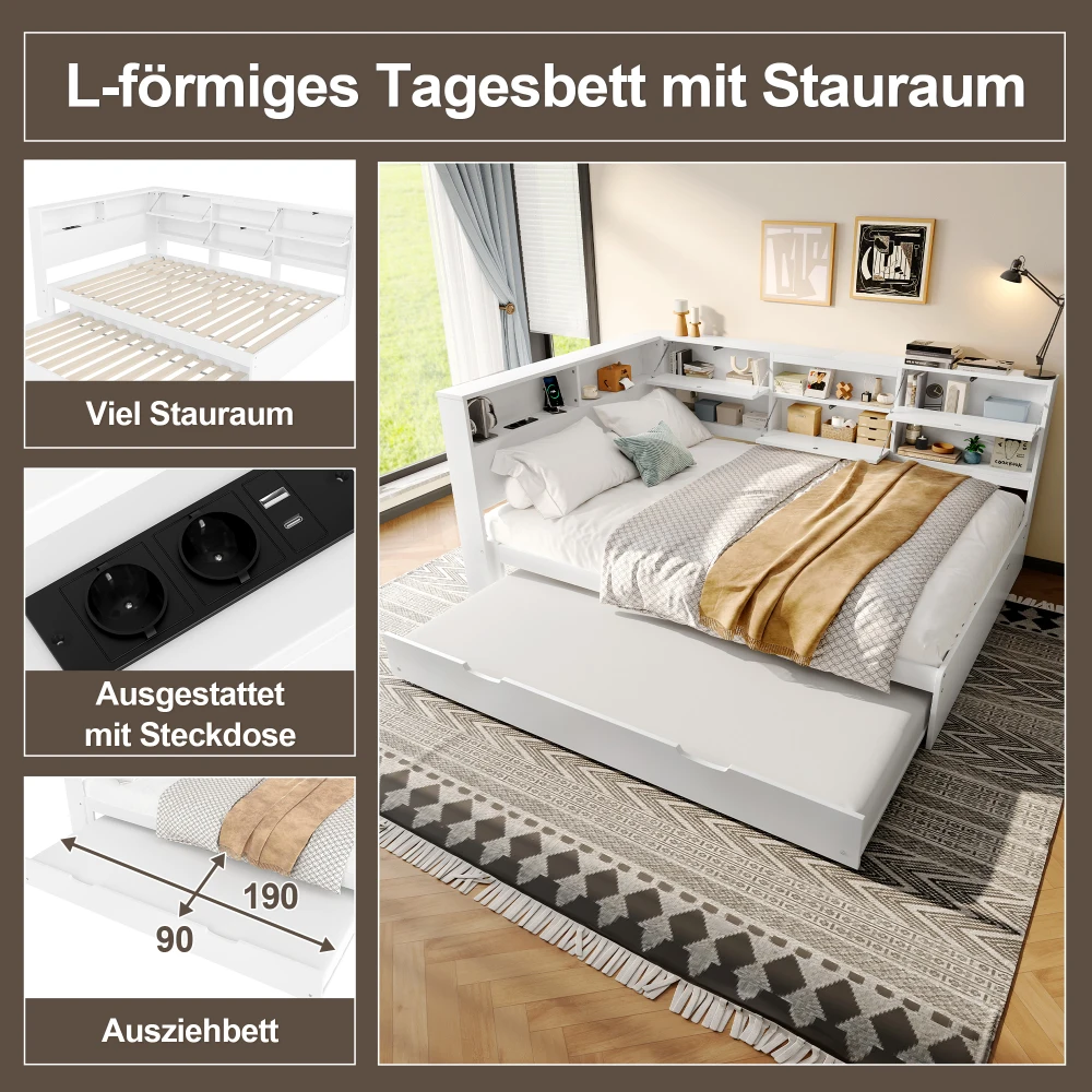 90x200cm, 140cm*200cm Tagesbett, Schlafsofa, Kopfteil mit Ablagefach, ausziehbares Bett, geeignet für Schlafzimmer (ohne Matratze) – Detail 19