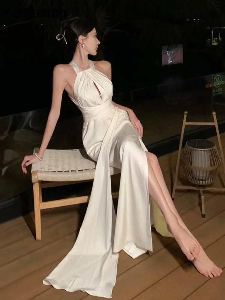 Vestido-largo-liso-con-espalda-descubierta-para-mujer-traje-blanco ...