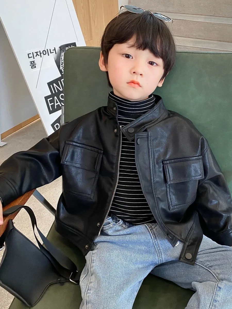 멋진 소년 데님 가죽 재킷 봄 가을 새로운 한국 스타일 아동 재킷 패셔너블한 아동복 트렌디한 재킷