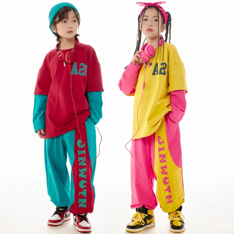 

New Teenage Kids Hip Hop Dance Clothes Long Sleeve Tops Pants Boys Girls Jazz Street Dance Performance Suit Concert Stage Wear