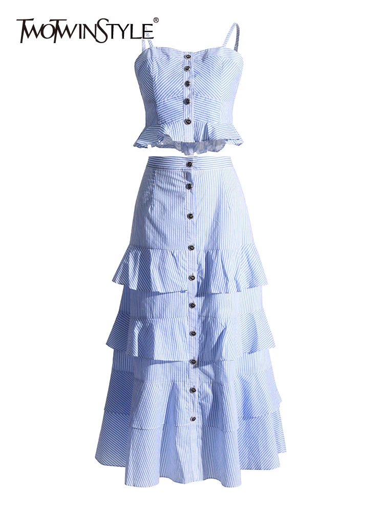 

TWOTWINSTYLE Striped Two Piece Sets For Women Square Collar Sleeveless Vests High Waist Spliced Ruffles Skirt Casual Set Female