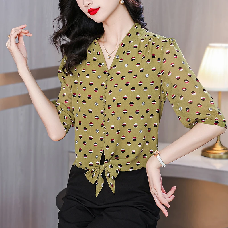 2024 Summer New Women's Elegant Casual Loose Button Tie Up with Printed V-Neck Silk Polka-dot Half Sleeve Commuter Shirt Tops