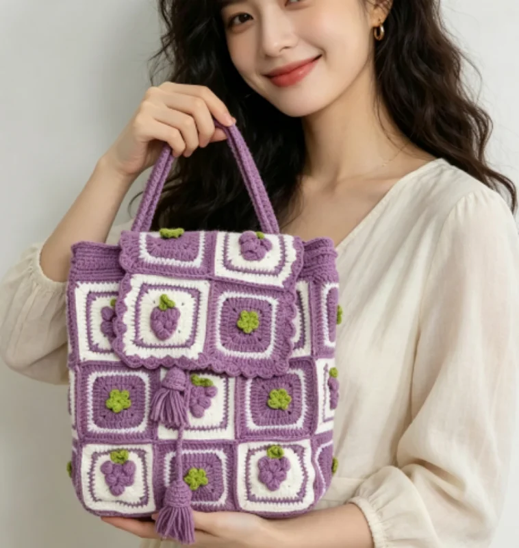 수제 양모 크로셰 백팩, 체리, 해바라기, 버섯, 장미 디자인으로 캐주얼하게 사용하기에 완벽합니다.