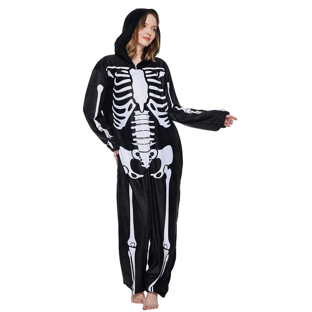 Fantasia de Halloween para adultos combinando a família, pijama de  esqueleto com capuz e zíper, pijama feminino G