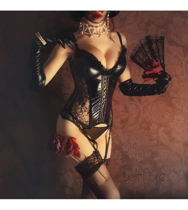 Description Picture 5 of itemBright Leather Fishbone Lace Bra T-pants Shapewear Gothic Corsets Sexy Overbust Bustier Lingerie Set Party Burlesque Costume