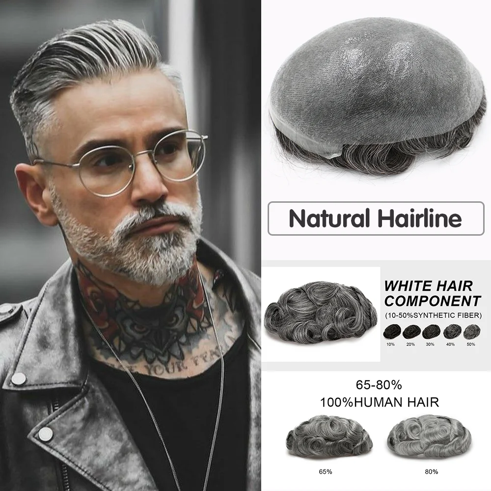 

Men Toupee Human Hair Grey 0.03mm V Loop Skin PU Human Remy Hair Prosthesis Wig Full Skin PU Hairpiece Men Toupee Hair System